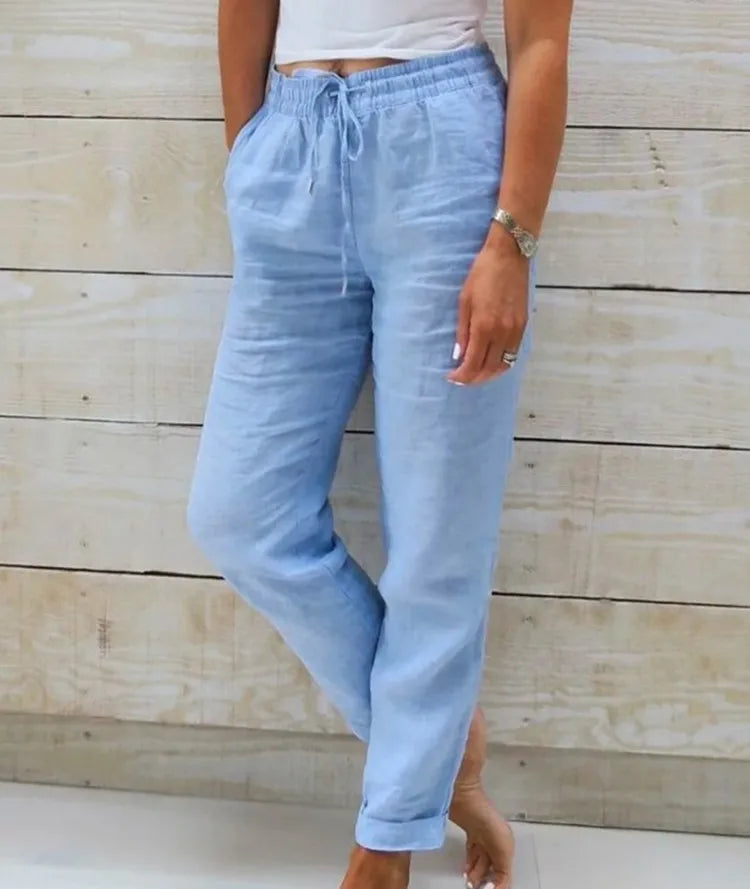Cotton Linen Pants Women Elastic High Waist
