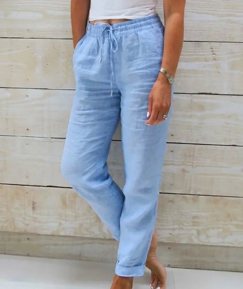 Cotton Linen Pants Women Elastic High Waist