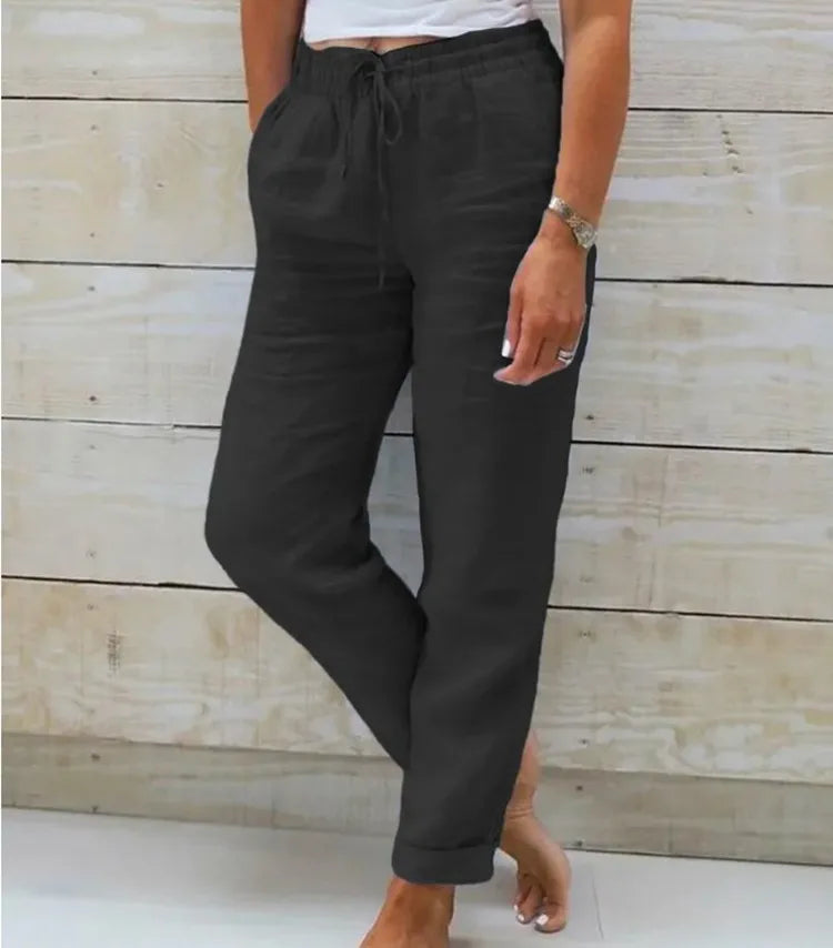 Cotton Linen Pants Women Elastic High Waist