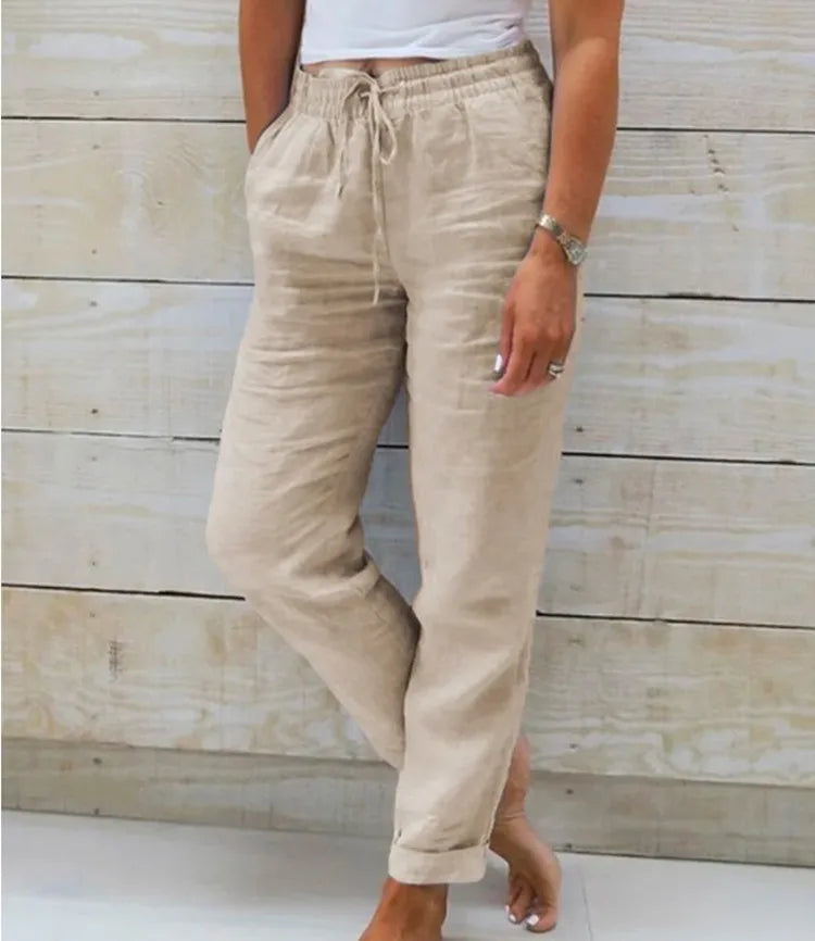 Cotton Linen Pants Women Elastic High Waist