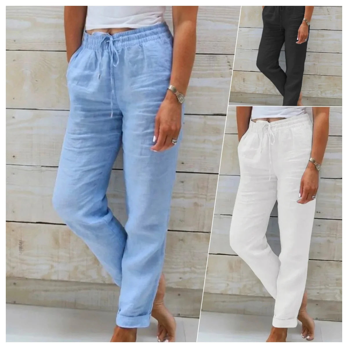 Cotton Linen Pants Women Elastic High Waist