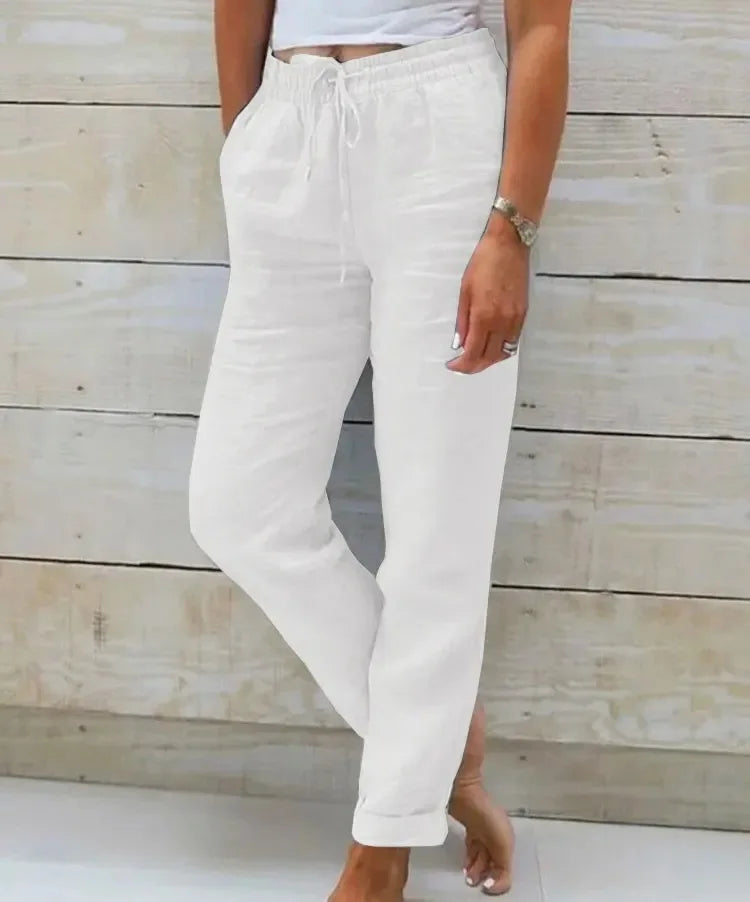 Cotton Linen Pants Women Elastic High Waist