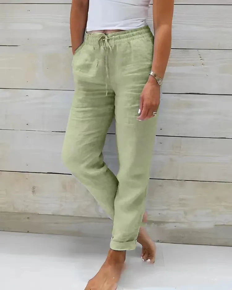 Cotton Linen Pants Women Elastic High Waist